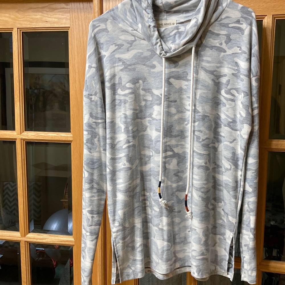 The Nines M cowl neck camo top.